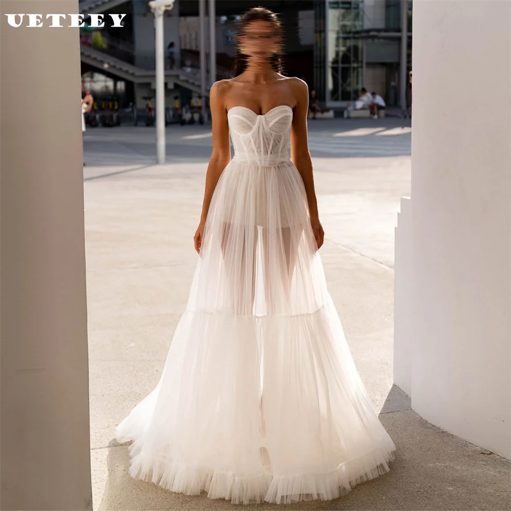 

UETEEY Customized Fairy Strapless Sleeveless Tulle A Line Wedding Dress Pleats Illusion Lace Up Back Court Train Bridal Gown
