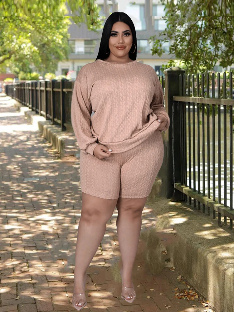 

Womens Knitted Suit Plus Size 2 Piece Set Women Cut Out Top Long Sleeve Top and Shorts Set Casual Outfit Wholesale Dropshipping