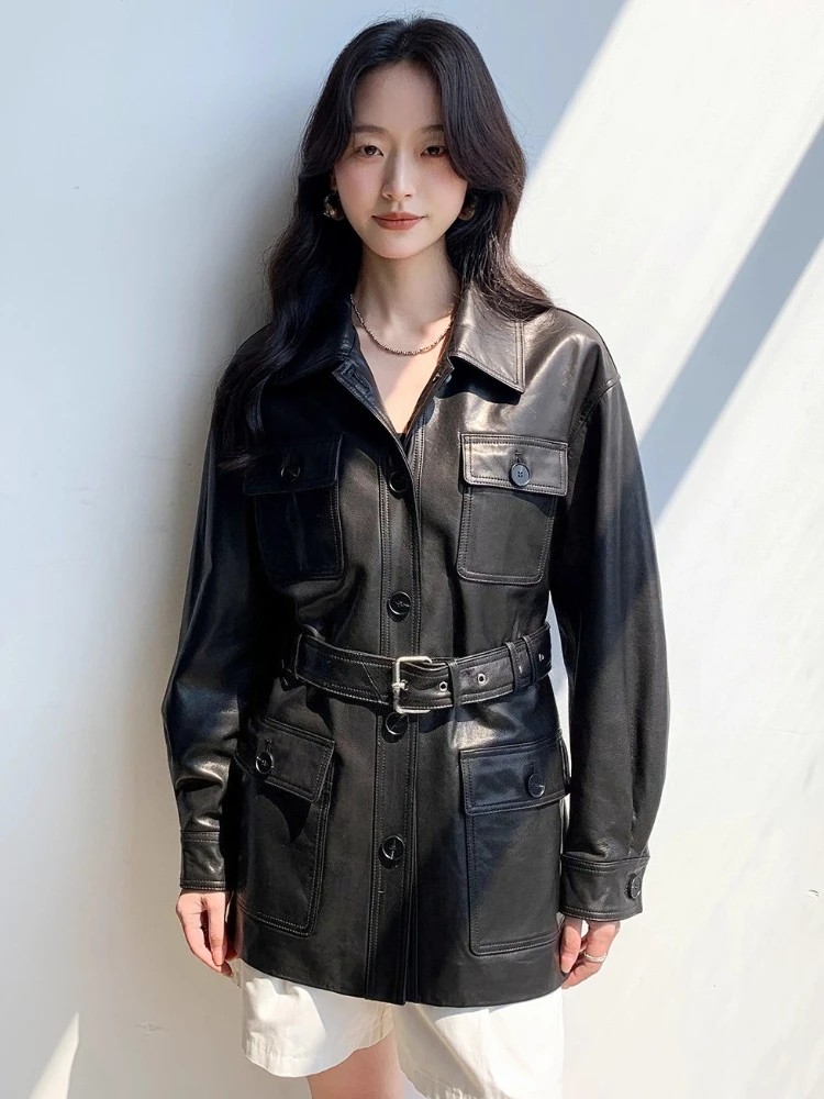 Vintage-Cargojacken aus echtem Leder für Damen, Frühling und Herbst 2022, neuer High-End-Mantel aus schlichtem, schmalem, weichem, schwarzem echtem Ziegenleder mit Gürtel