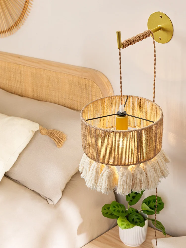 Imagem -04 - Wabi-sabi-handmade Woven Wall Light Cream Wind Hemp Rope Tassel Wall Lamp For Bedside Bedroom Living Room Knitted Light