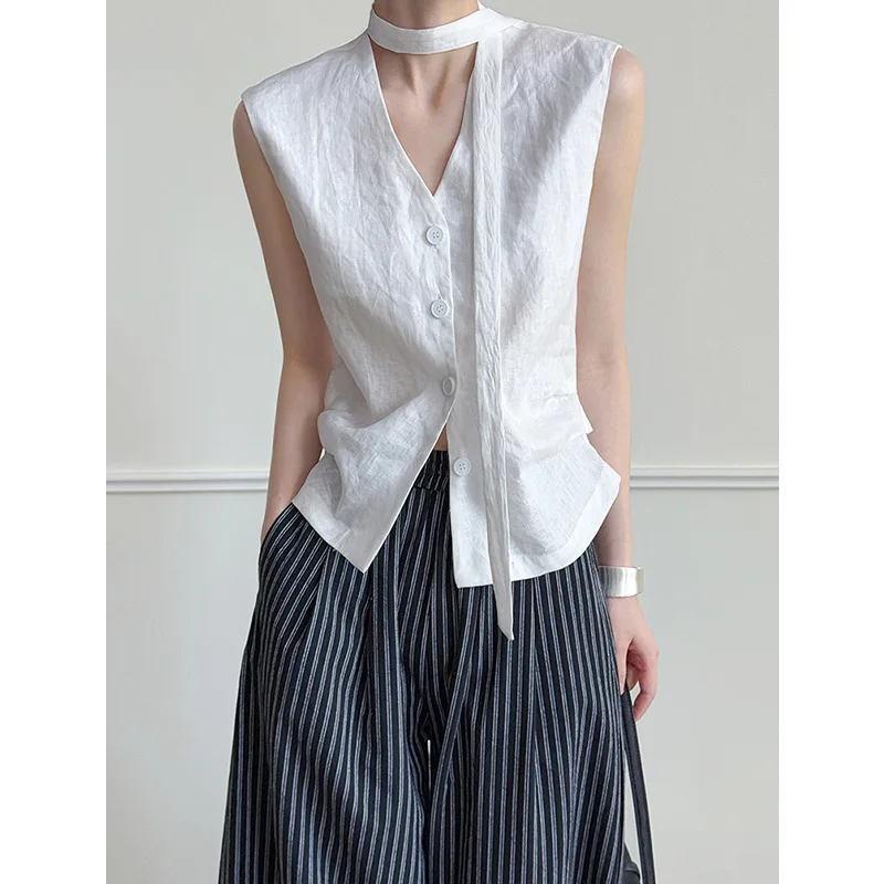 

100% linen summer high-quality women's vest, Korean fashion V-neck sleeveless linen camisole vest for women