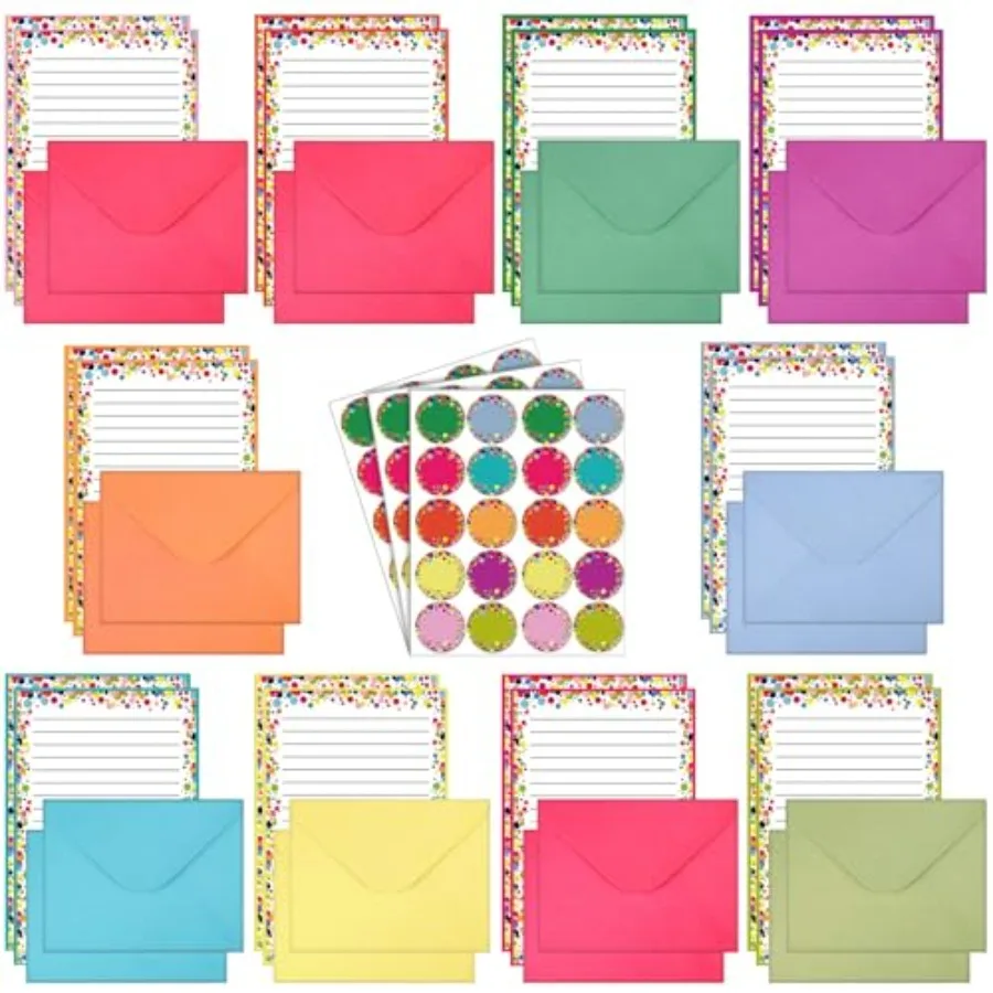 

160 Pcs Stationery Paper Set 50 Double Sided Stationery Papers with 50 Matchg Envelopes and 60 Round Dot Sticker, 10 Design Dot