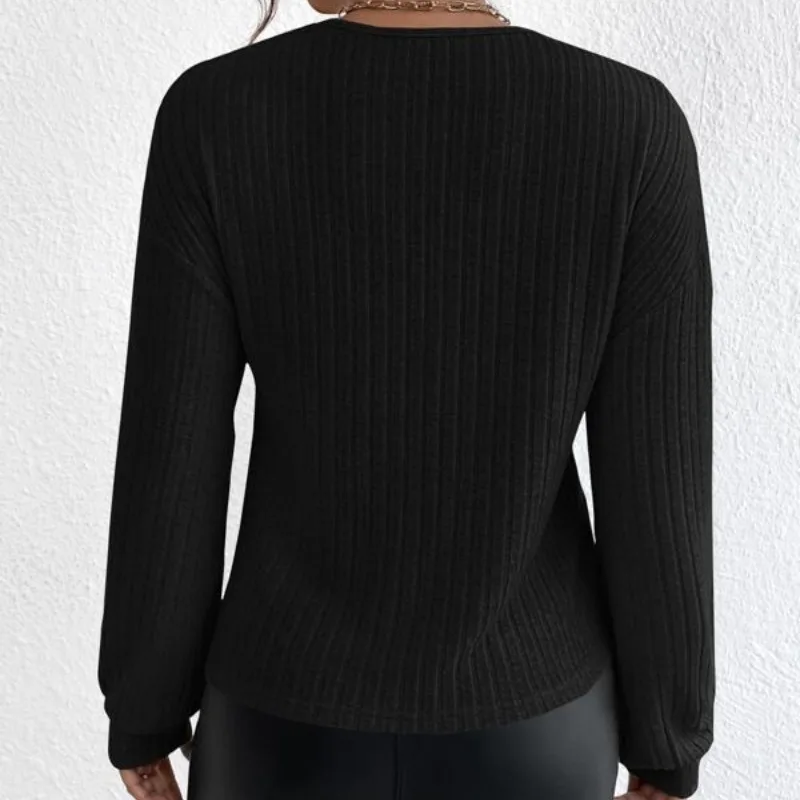 Autumn and Winter Women\'s Pullover Solid V-Neck Cross Lantern Long Sleeve T-shirt Sweater Knit Fashion Office Lady Casual Tops