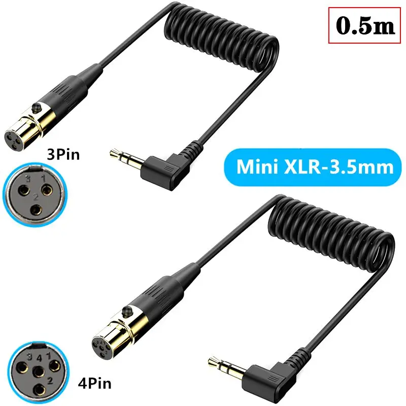 Mini XLR Female to 3.5mm Stereo TRS 90 ° Male Camera Microphone Audio Spring Telescopic Cable 0.5m