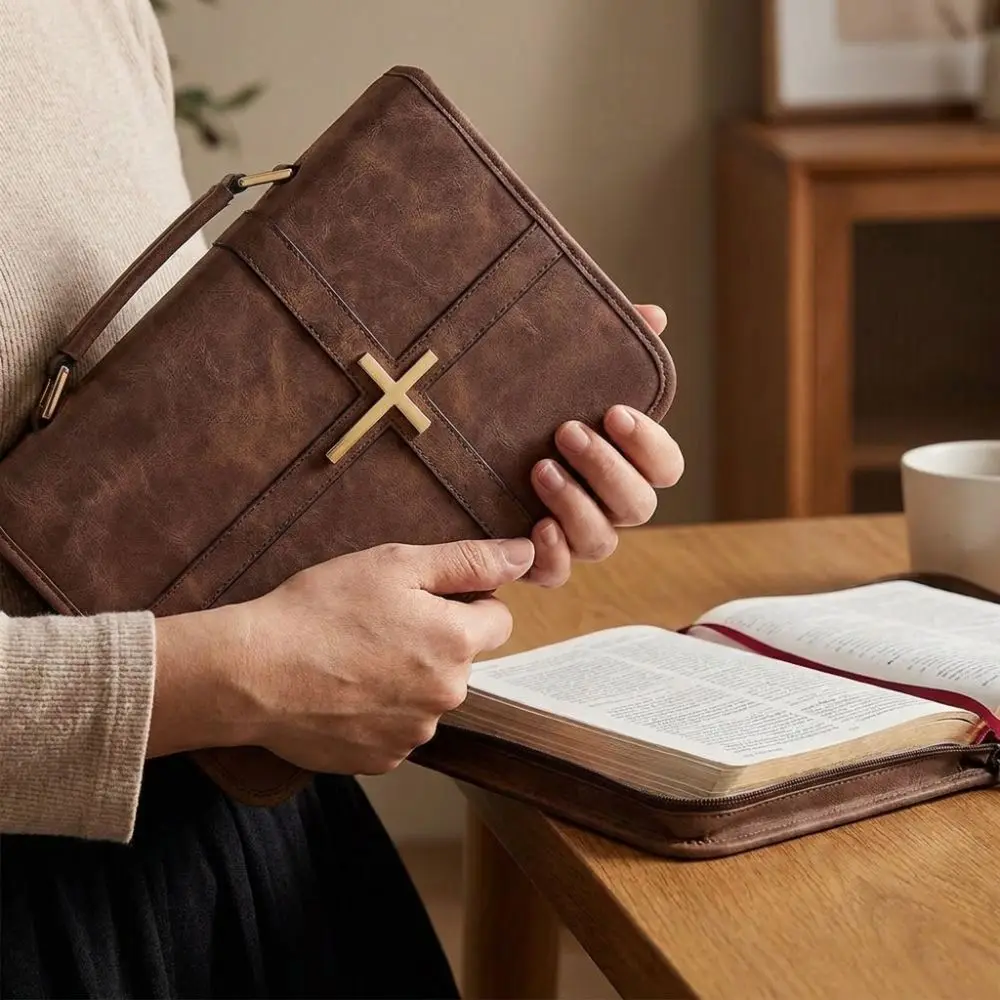 Cross-themed Vegan Leather Bible Cover Dust-proof Built-in Bookmark Ribbon Bible Carrying Case Scratch Resistant Zipper Closure