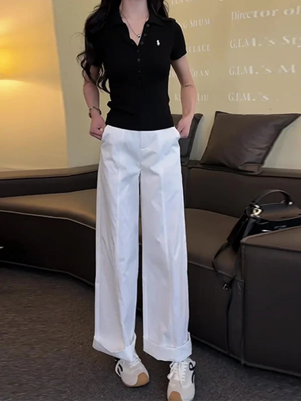

Белые широкие брюки из ледяного шелка, женские летние новые свободные брюки с высокой талией, повседневные спортивные брюки с ножом в Корейском стиле