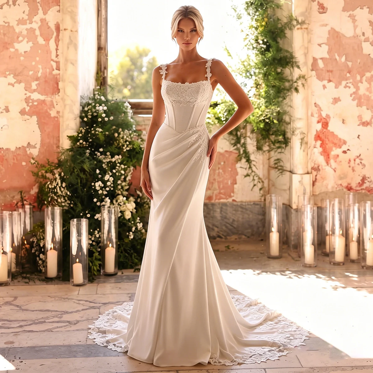 Luxury Satin Mermaid Wedding Dress For Bride Long Pleated Appliques Lace Bridal Party Gown For Women Vestidos Novia