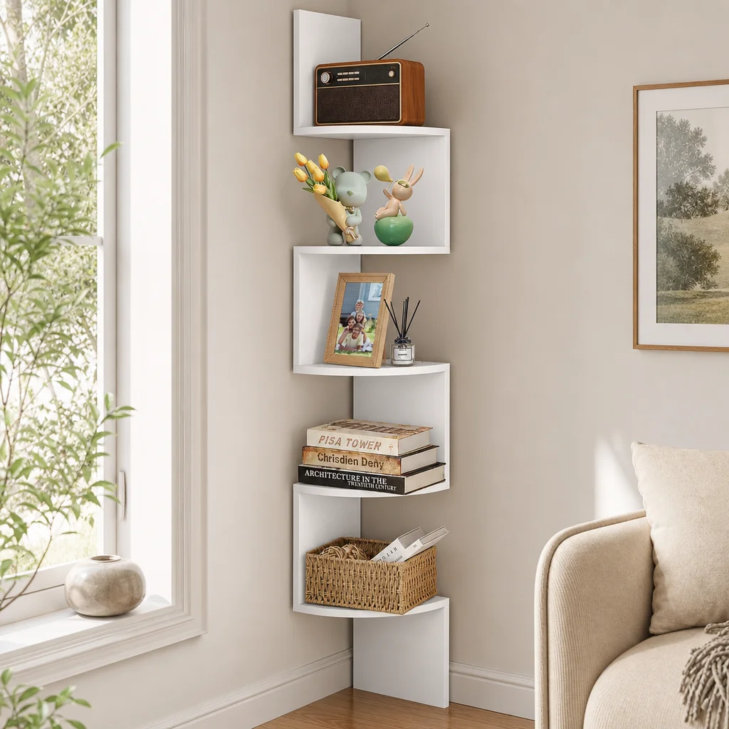 5-stöckiges Eckregal aus Holz, wandmontiert, schwebendes Regal, Aufbewahrungs- und Präsentationsregal, robustes Eck-Bücherregal für Bücher, Pflanzen, Wohnzimmer, Schlafzimmer, Home-Office-Dekoration,