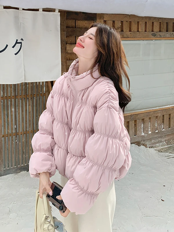 

Розовая укороченная пуховая куртка-фонарь для женщин, теплая верхняя одежда, свободный крой, с белым пуховым наполнителем, Зима 2025