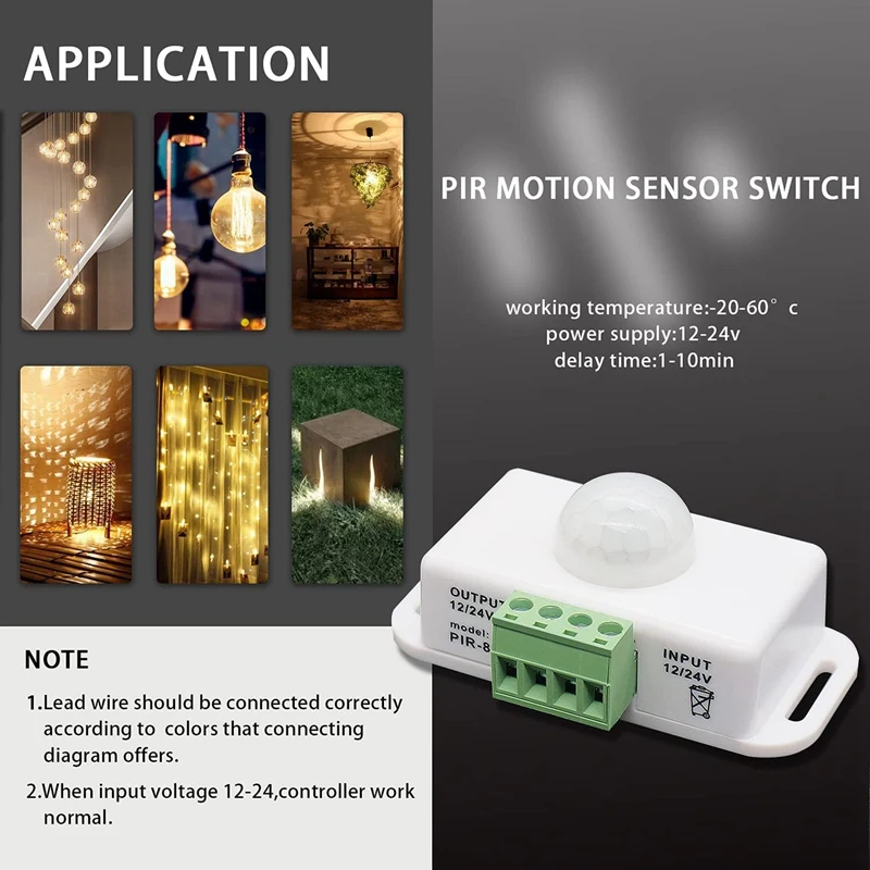 2X DC 12V 24V PIR Motion Sensor Function Controller LED Switch Body Infrared Switch Motion Timer White For LED Strips