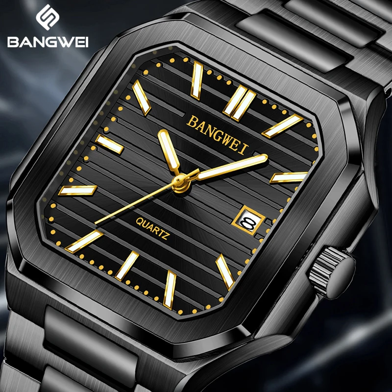 

Новые роскошные квадратные часы BANGWEI для мужчин, водонепроницаемые светящиеся часы для активного отдыха, мужские кварцевые наручные часы из нержавеющей стали