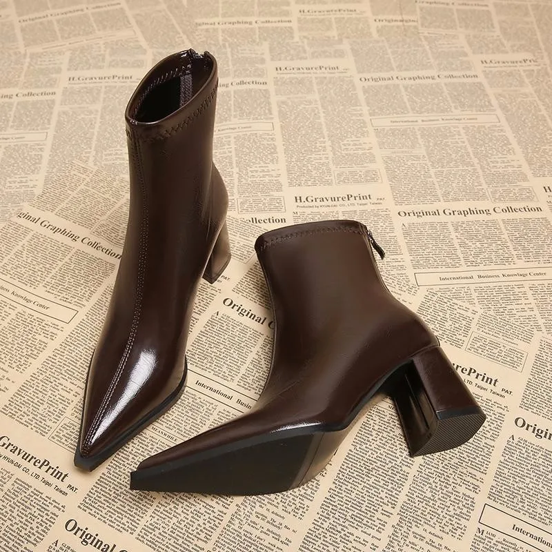 

Autumn Winter Fashion Pointed Toe Ankle Boots Women Zippers Thick Heels Shoes Street Style Banquet Party Short Botas Mujer