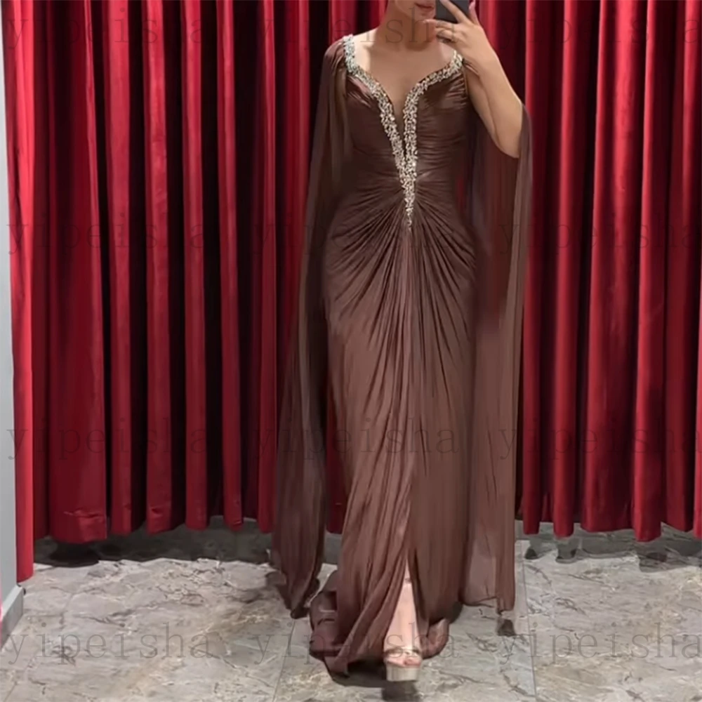 فساتين سهرة رسمية مخصصة على شكل حرف v بدون أكمام مطرزة بالخرز مطوي فستان حفلات طويل بدون ظهر فستان حفلات شيفون حديث