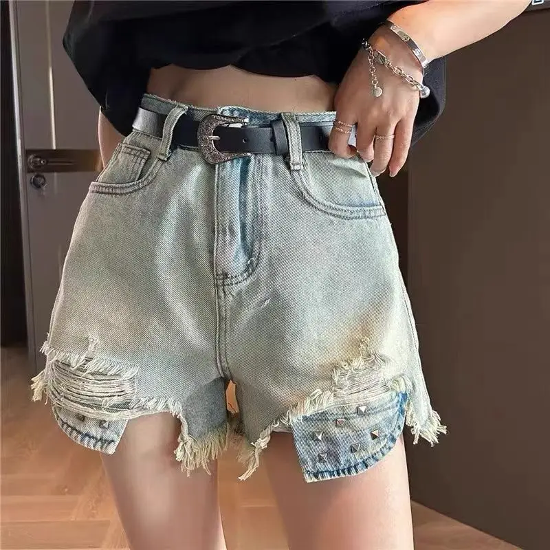 

Retro Light Color Ripped Denim Shorts for Women New Style Design Loose and Slim Straight Pants Trendy