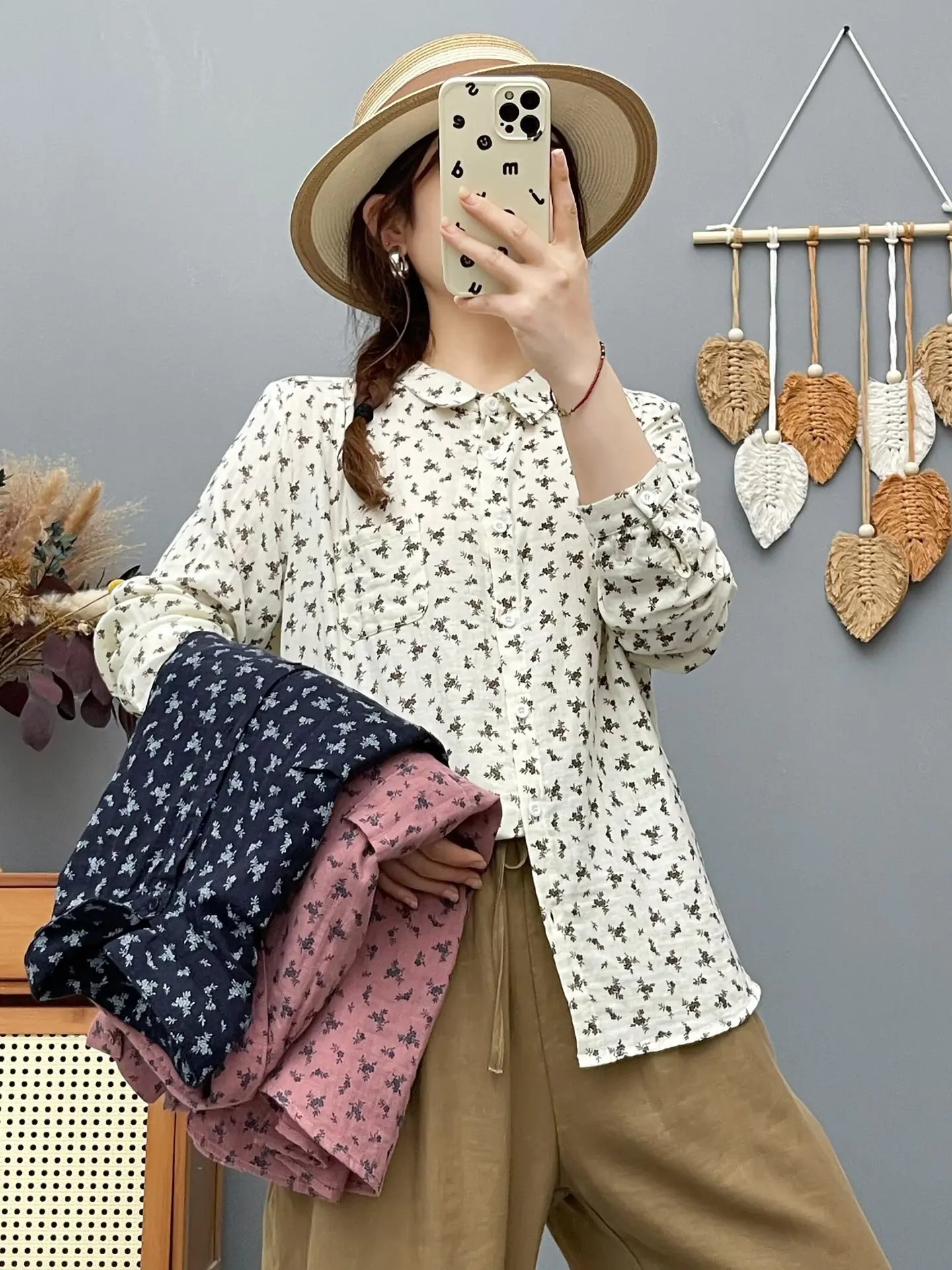 

2025 Japanese vintage clothes 100% cotton yarn white pink navy blue print shirts long sleeve blouses for women autumn tops