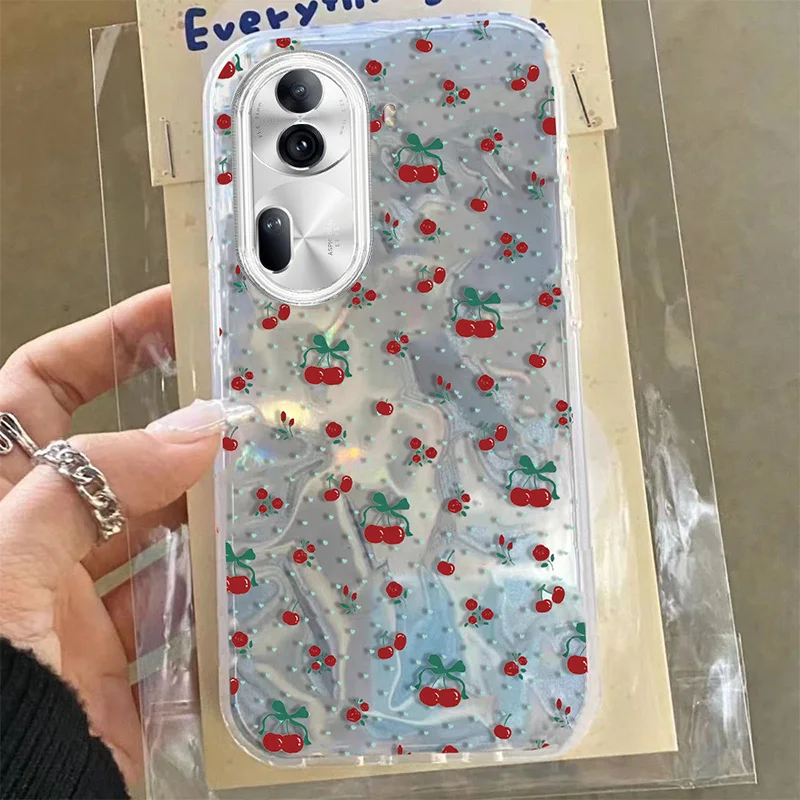 Laser Cherry Fruit Case For OPPO Reno 11 Pro 11F 5G Fashion Strawberry Floral Cartoon Girl Ripple Gloss Glitte Phone Cover Cases