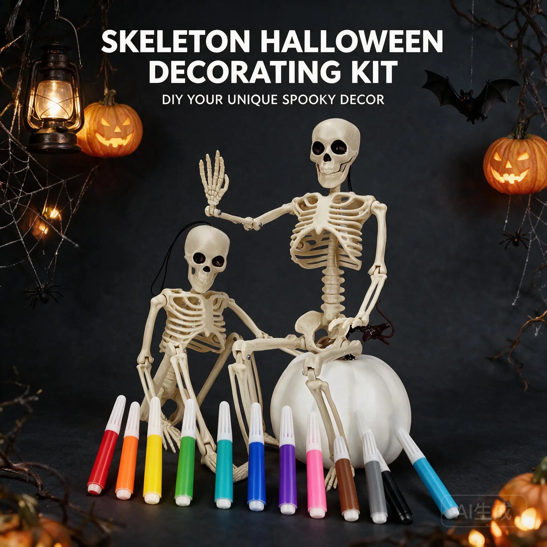 Halloween Skeleton Decoration 40cm with 12 Color Pens, DIY Painting Skeleton, Skull Craft Kit, Hanging Skeleton Ornament, Creative Halloween Decor for Party, Home, Kids DIY Art Activity Gift