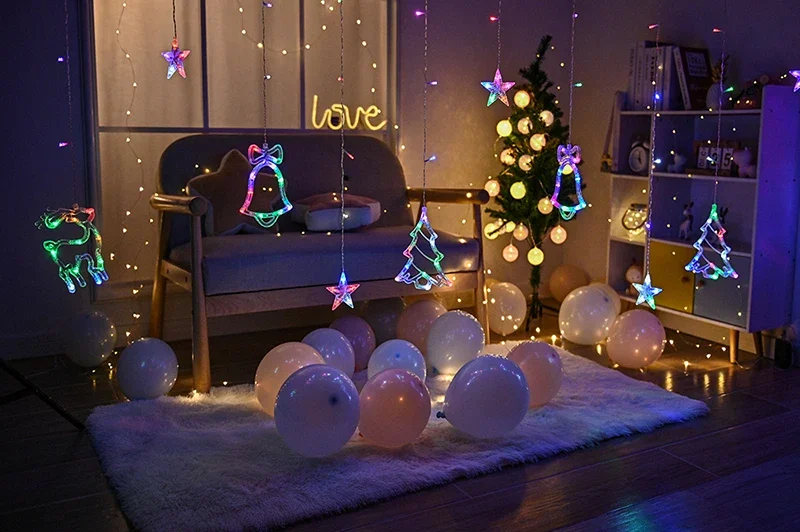 Christmas Fairy Curtain String Lights 3.4M LED Star Deer 220V 110V Garland Festoon for Xmas Tree New Year Navidad Party Decor