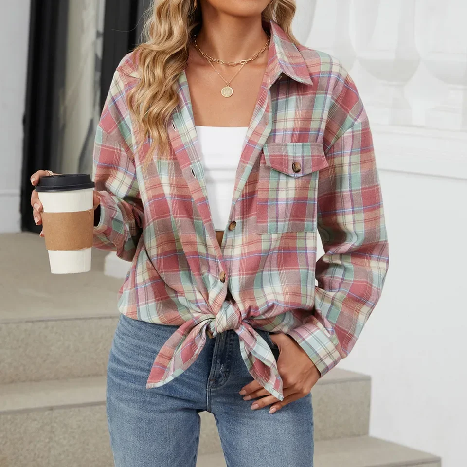 

Flannel Plaid Shirts Women Spring Autumn Long Sleeve Single Breasted Shirt Coat Vintage Check Shacket Blusas Mujer