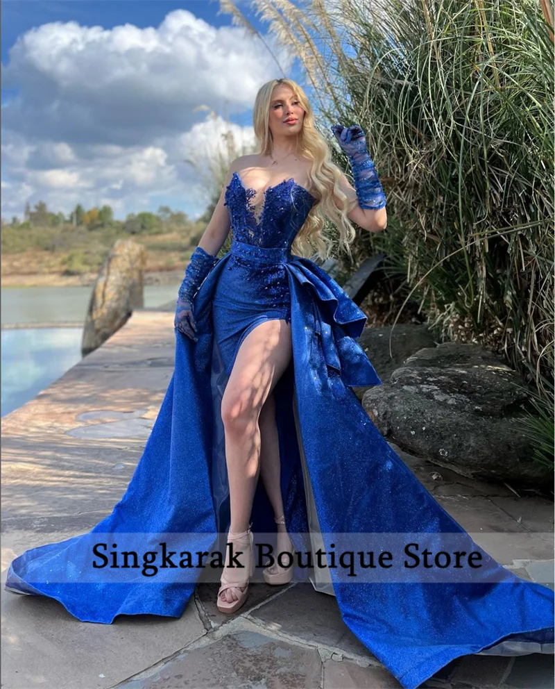 Royal Blue Evening Dresses Side Slit With Detachable Train Glitter Beading Crystals Wedding Banquet Dance Party Gowns Customized