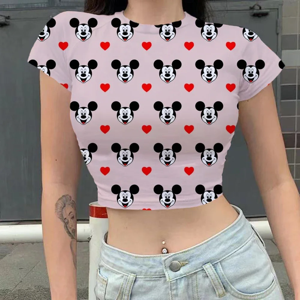 Disney-Minnie Mickey Mouse feminino com estampa gráfica Crop Tops, camisetas de manga curta com pescoço O, camisa vintage feminina, camiseta vermelha