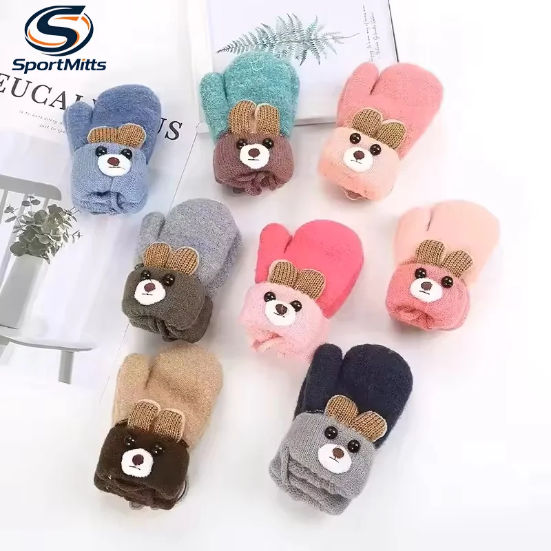 0-3 Year Old Children's Gloves Boys and Girls Cute Little Bear Cartoon Knitted Yarn Gloves Double-layer Thick Keep Warm Winter