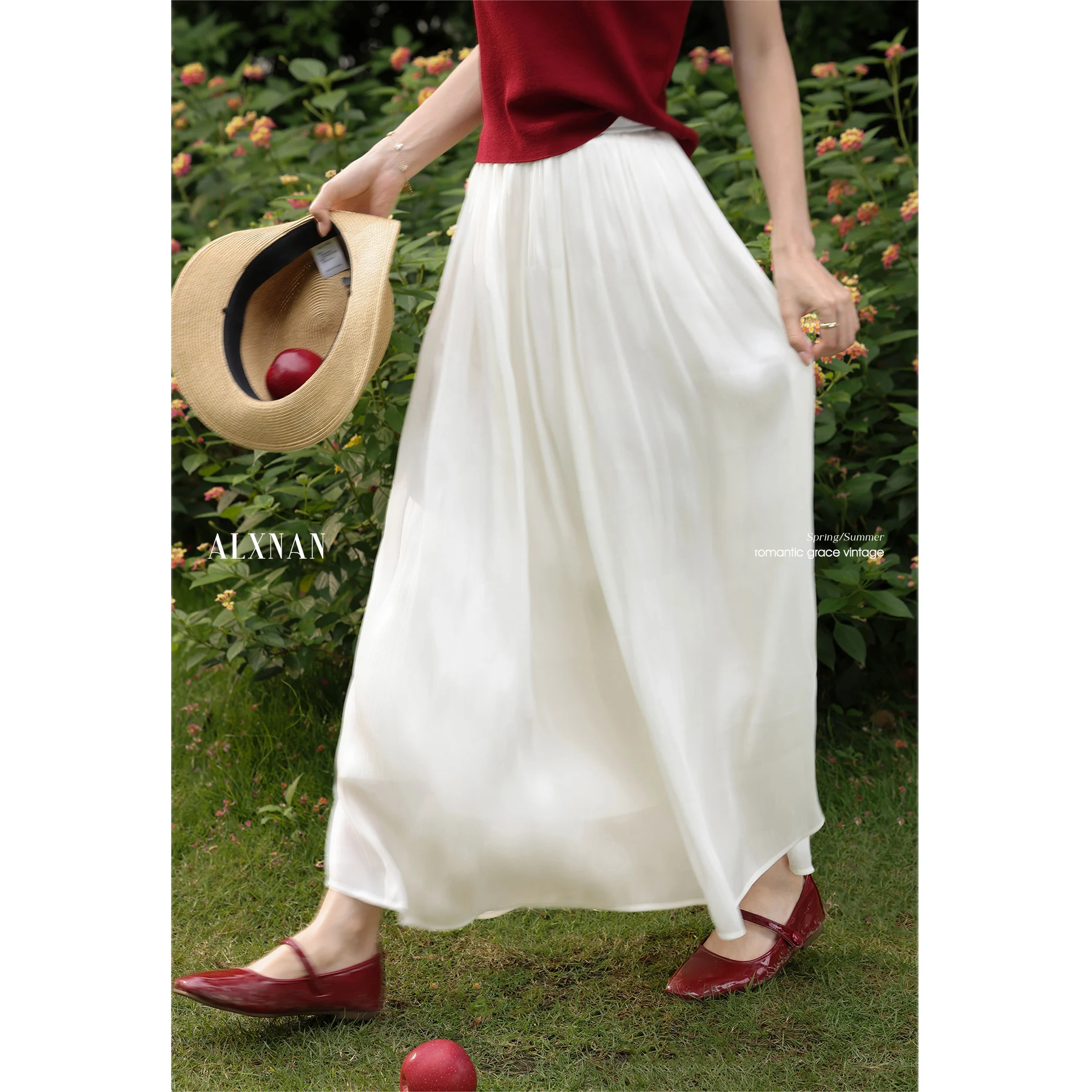 

ALXNAN Women's Skirt Apricot High-waist Long Elegant Holiday Skirt 2025 Summer Casual Beach Elastic Waist Ladies Clothes L560118