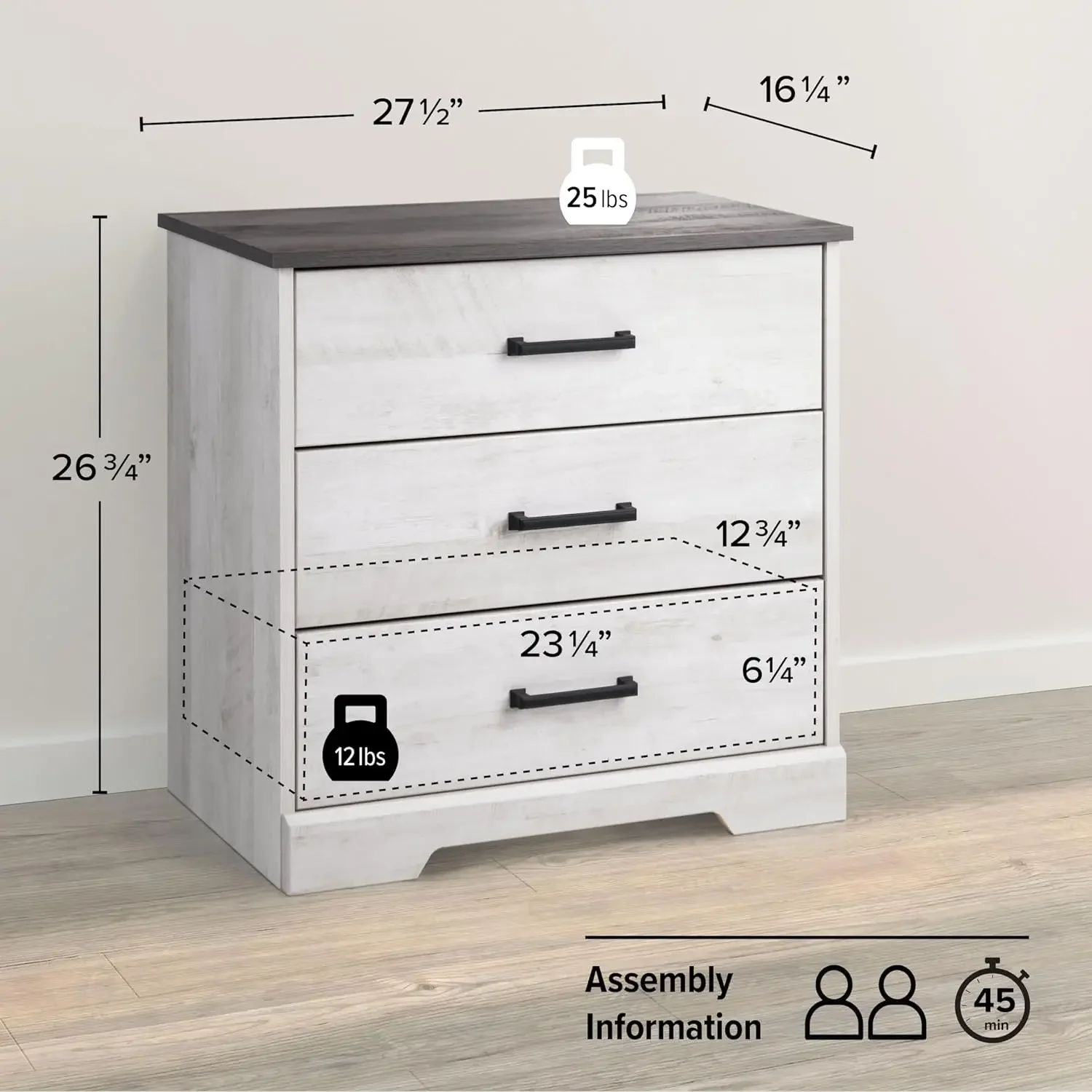 Rustic Ridge Farmhouse 3-Drawer Nightstand, Washed White, ADNR-1603-1