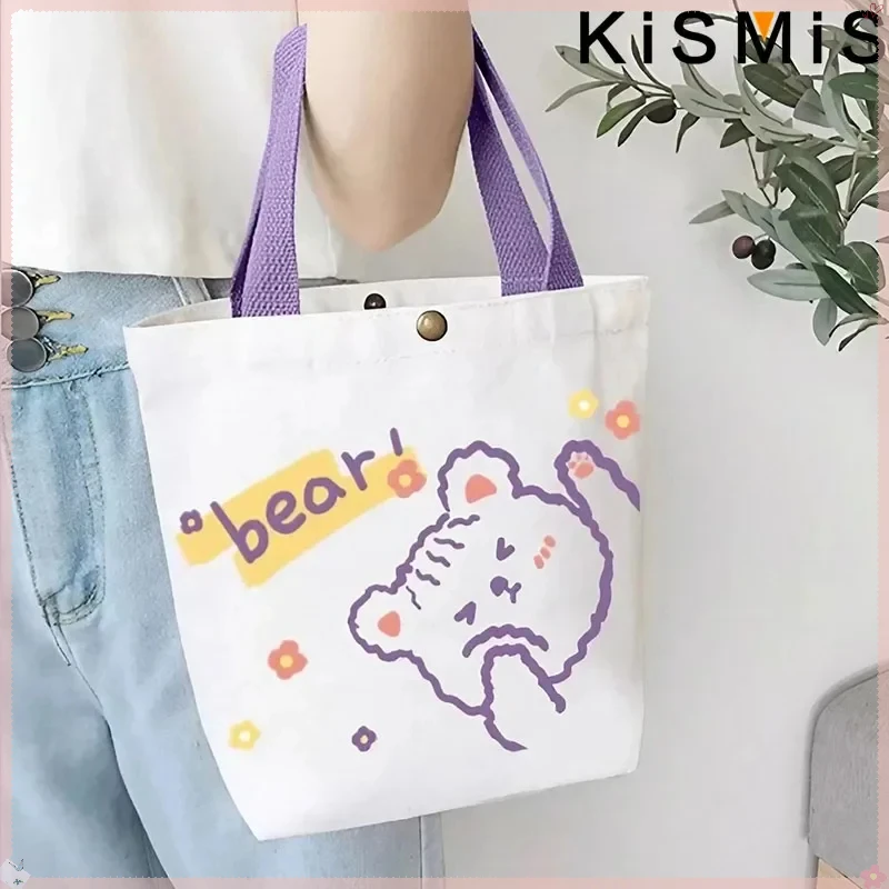 KISIMIS Women Mini Cotton Canvas Tote Cute Bear Simple Handbag Shopping Bag Lunch Bag Small Lovely Decoration Storage