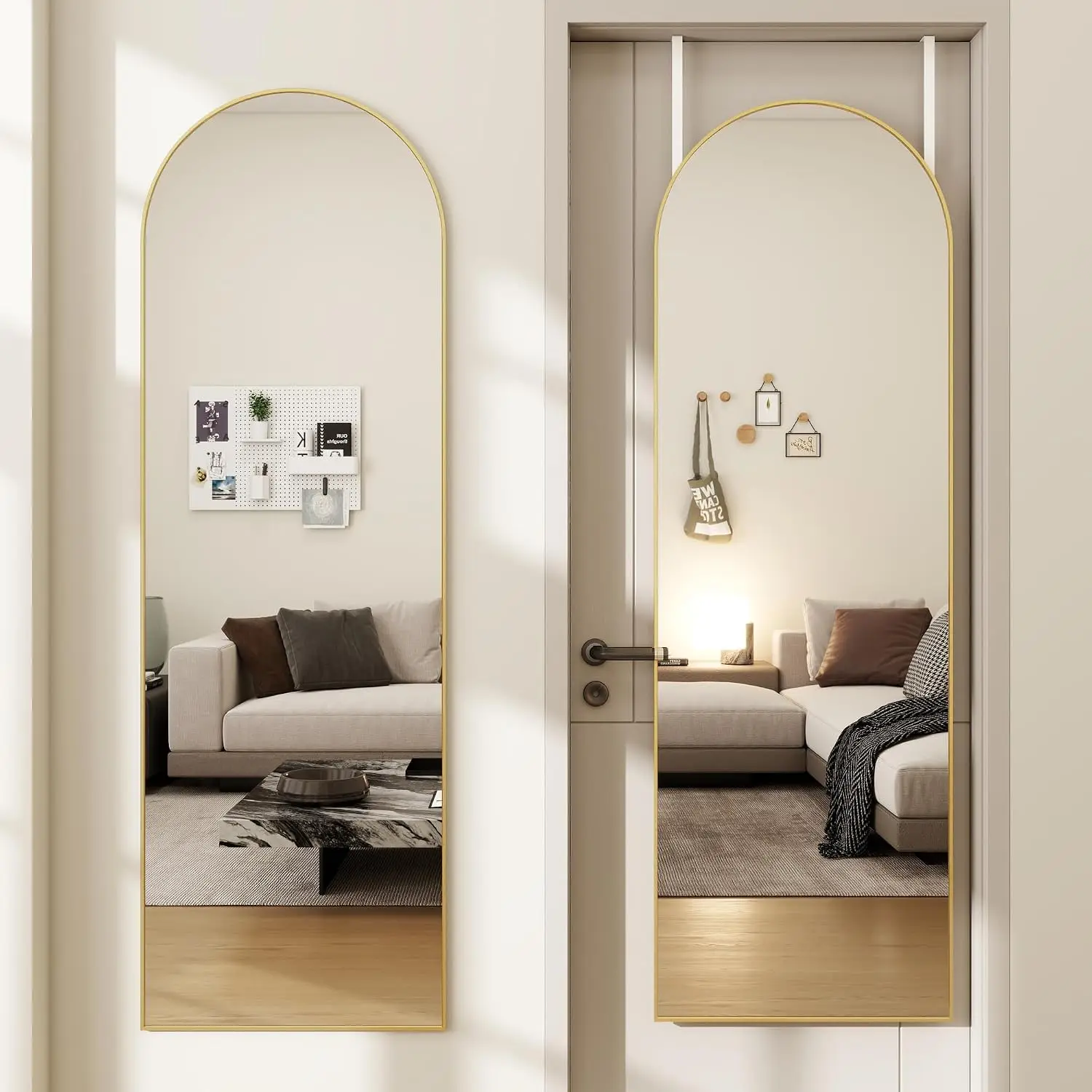 48 14 Arched Full Length Door Mirror Full Body Gold Aluminum Alloy Thin Frame Over Leaning Hanging Wall Mounted Suitable Bedroom