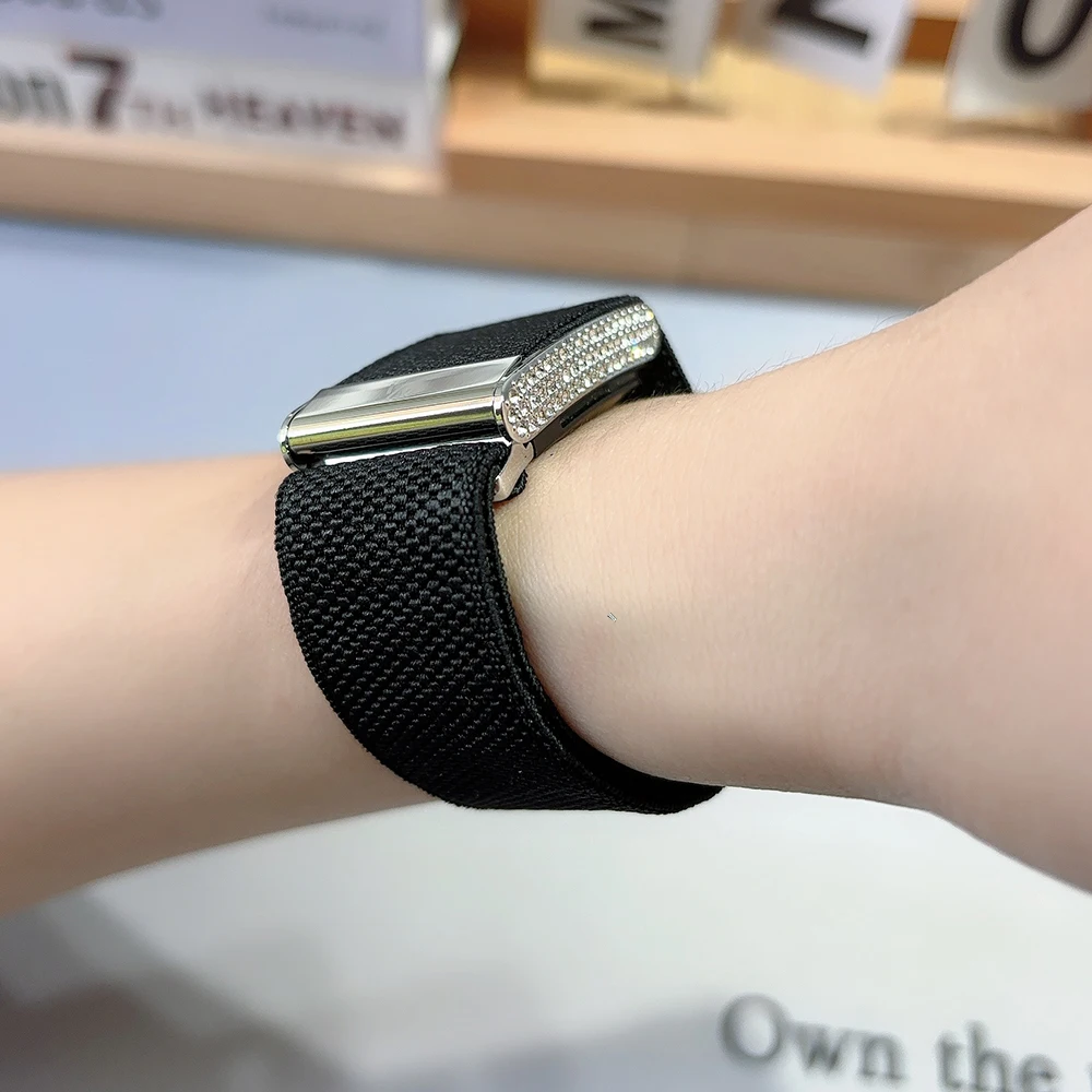The New Strap Is Suitable for Whoop 5.0 Elastic Casual Nylon Strap with Full Diamond Studded Crystal Metal Frame Personality, Th