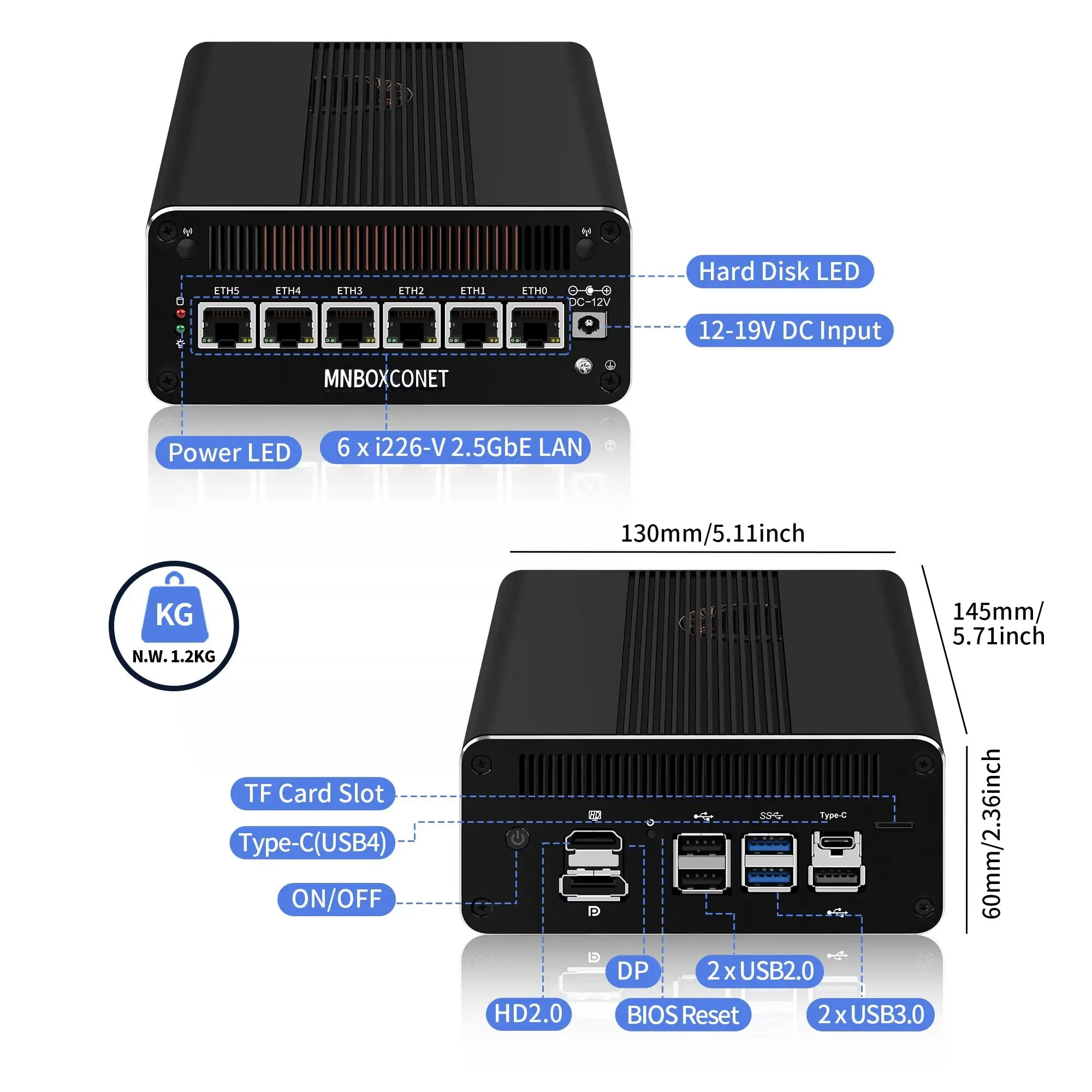 MNBOXCONET Mini PC Core i5-1240p Firewall (up to 4.0GHz), DDR5 Barebone Micro Appliance Hardware Computer 6 x 2.5GbE I226-V LAN