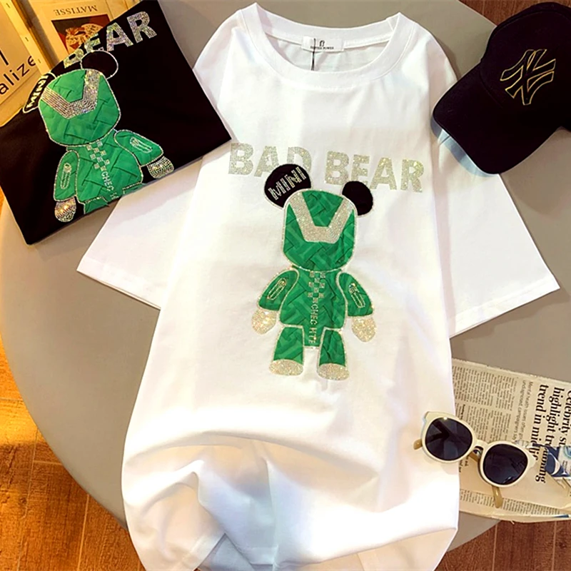 100%Cotton Hip Hop Luxury Green Bear Diamonds Embroidery T Shirts Women Girls Summer Loose 3XL Ladies Tops Japan Kawaii Harajuku