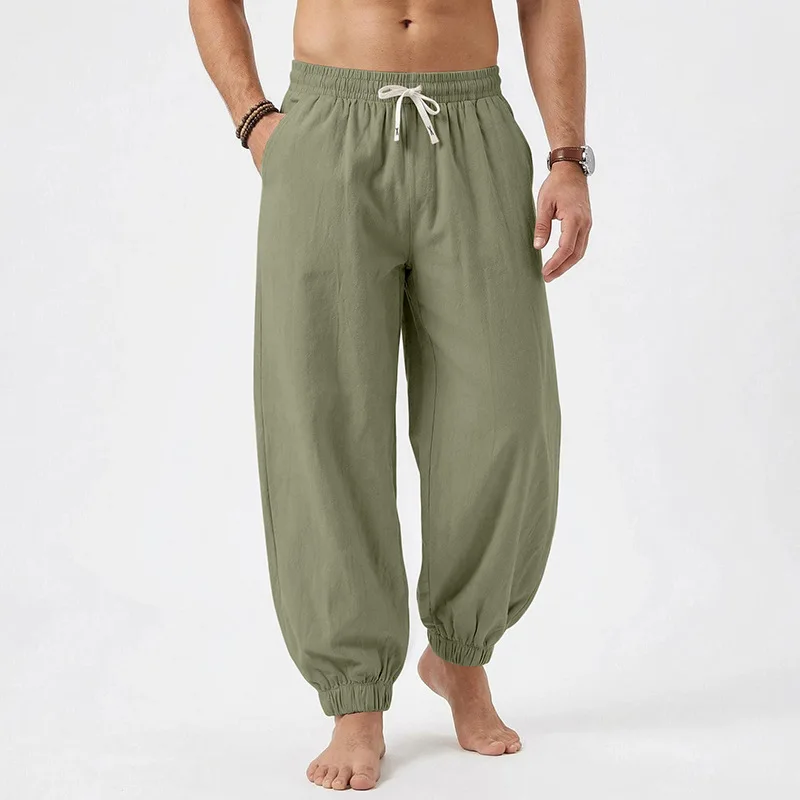 Europäische und amerikanische Freizeithose für Herren: Sommerliche Strand-Leinenhose in Übergröße mit Bündchen am Knöchel – Detail 30