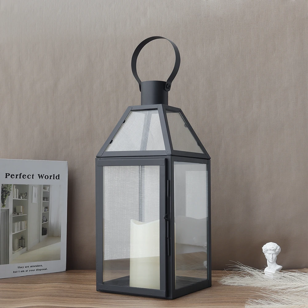 Black Stainless Steel Candle Holder Vintag Hanging Lantern with Tempered Glass for Indoor Outdoor Wedding Parties Home Decor