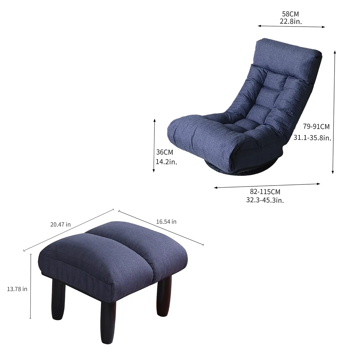 Japanese Style Chaise Lounge Floor Gaming Chair Adjustable Backrest for Reading Meditation, Navy Blue+Ottoman, Customized