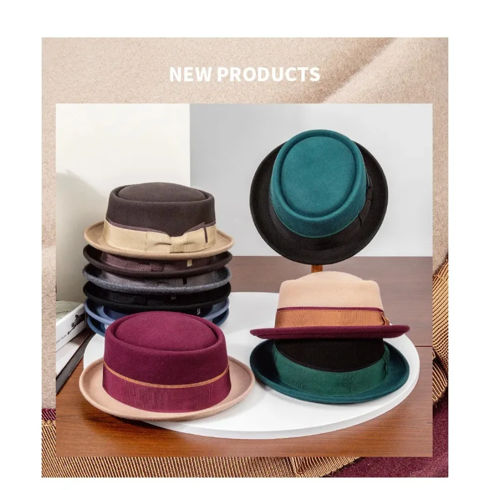 Gentleman Wool  Rolled Brim Flat Top Hat Unisex Vintage Short Brim Fedora for Fall & Winter, Elegant Ribbon Dress Hat