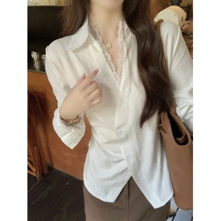 

French Style Slimming Design Chic Simple Collar Women's Shirt Lace Waist Cinching Long Sleeve Splice Lace Top for Women