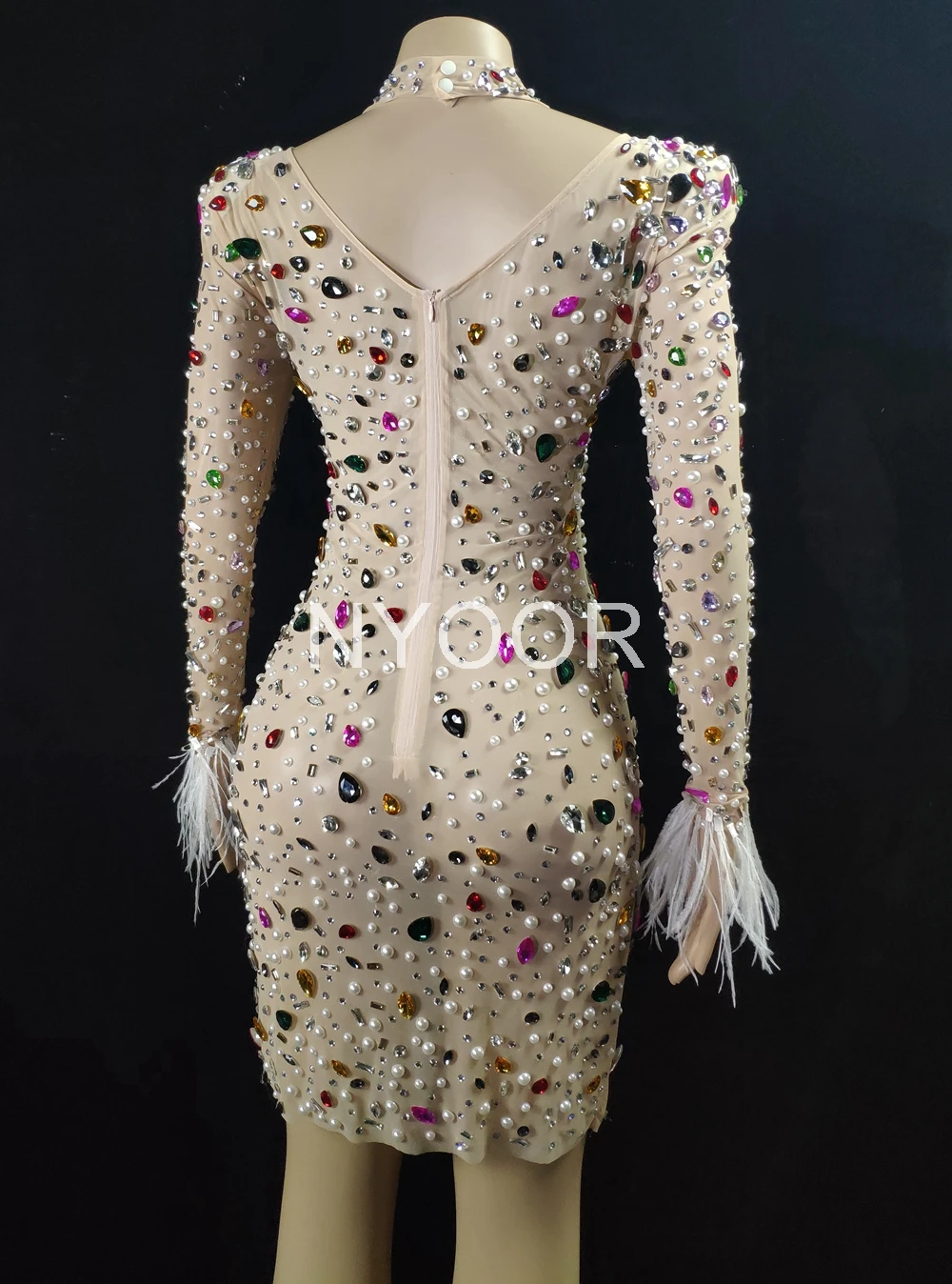 Sparkly Colorful Crystals Feather Sleeves Short Dress Fashion Prom Gown Evening Sexy See Through Crystals Birthday Party Dress