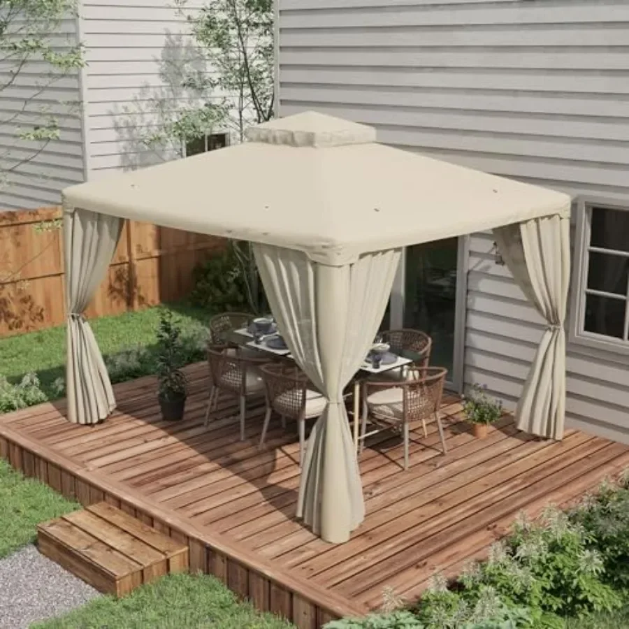 9.6' X 11.6' Outdoor Patio Gazebo with Steel Fe 2-Tier Roof and Netting in Beige for Garden Lawn Backyard Deck Shelter