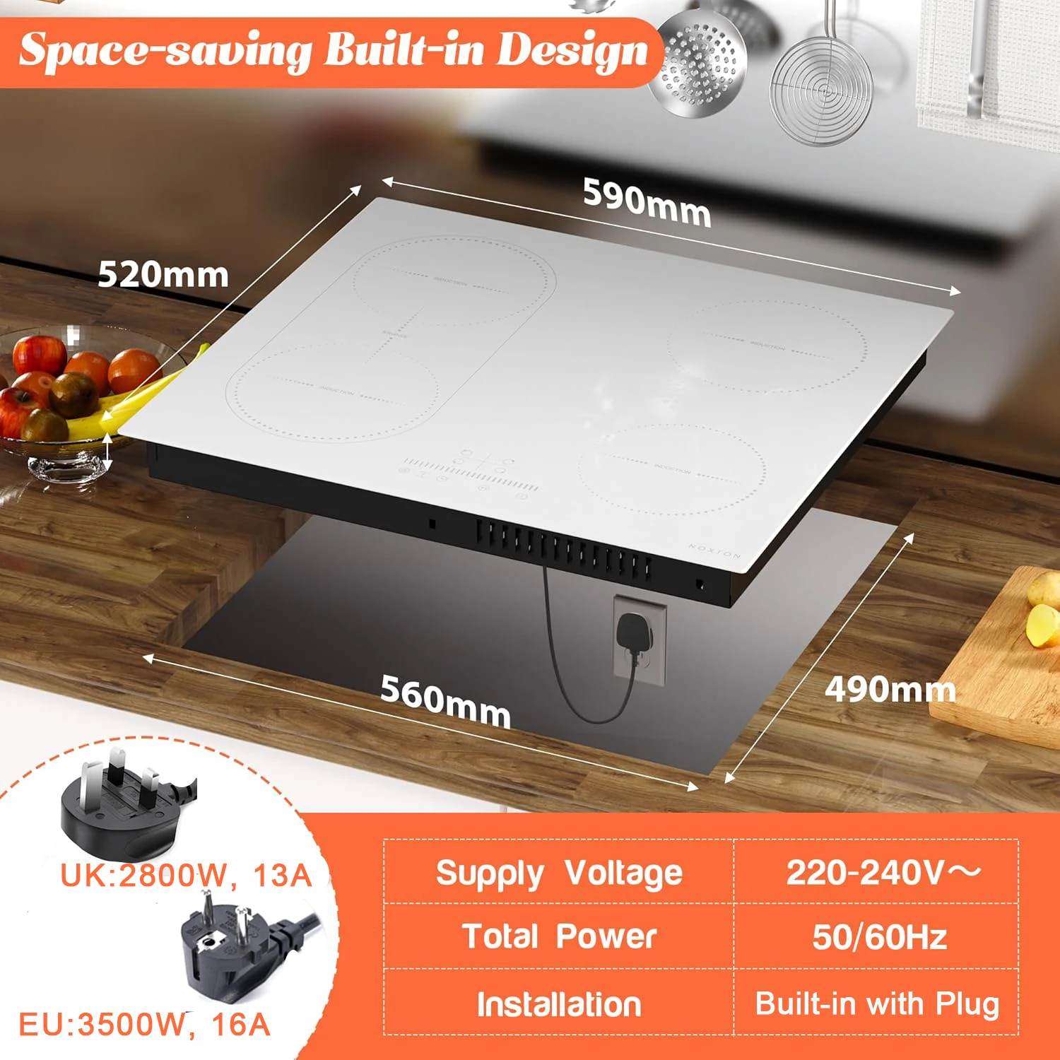 قابس موقد الحث الأبيض/الأسود من NOXTON، (المملكة المتحدة: 2200 وات/الاتحاد الأوروبي: 3500 وات) 4 مناطق مع منطقة شواء واحدة، لمسة 60 سم، قفل أمان، زجاج سيراميك #2