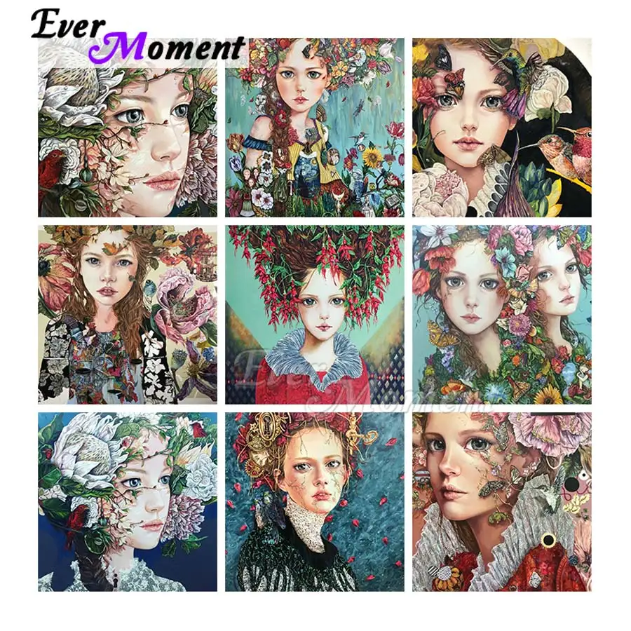 

Алмазная картина Ever Moment, портретная девушка, цветок, птица, смола, полная квадратная круглая дрель, украшение для вышивки, дом для отдыха ASF2129