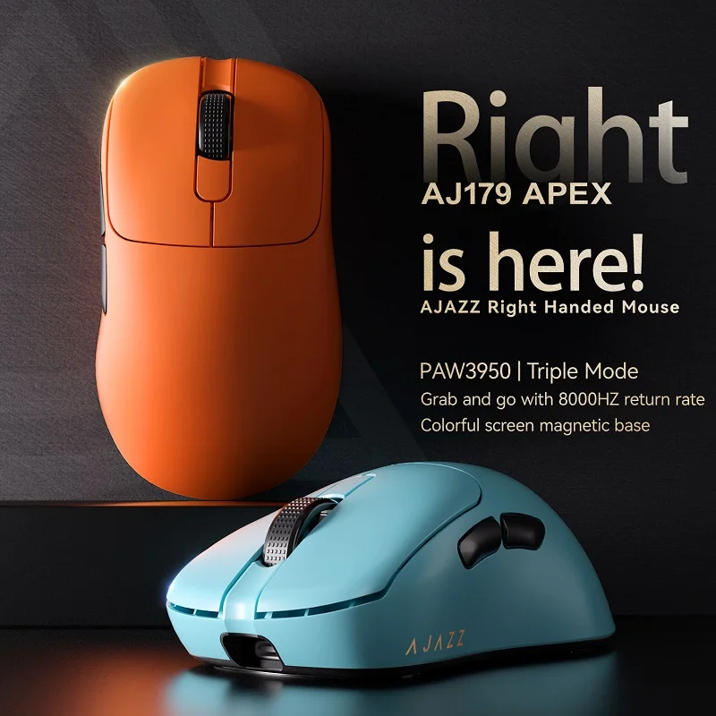 Ajazz aj179 apex paw3950 3000dpi 8khz mouse para jogos sem fio destro mouse ergonômico com base de carregamento de tela magnética rgb