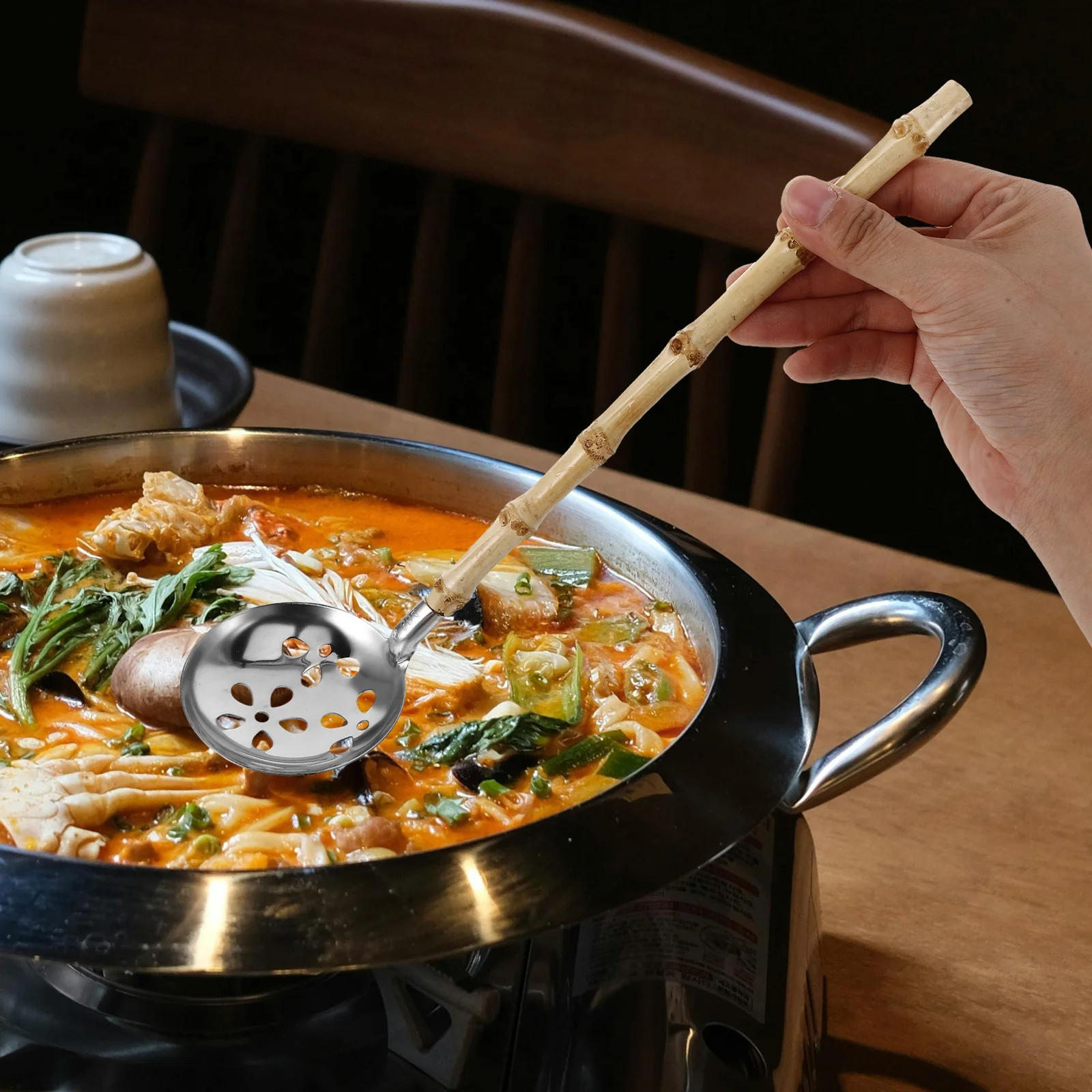 

Bamboo Root Slotted Spoon Stainless Steel Cooking Skimmer Hot Pot Strainer Wood Handle Kitchen Colander Frying Scoop