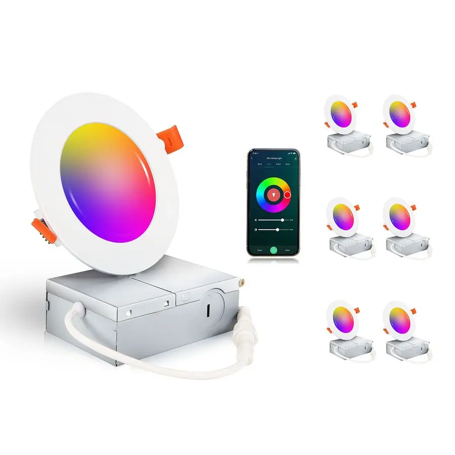 Paquet de 6 lumières encastrées LED WiFi intelligentes de 4 pouces, éclairage encastré à couleur RVBCW, Compatible avec Alexa et Google Home Assista