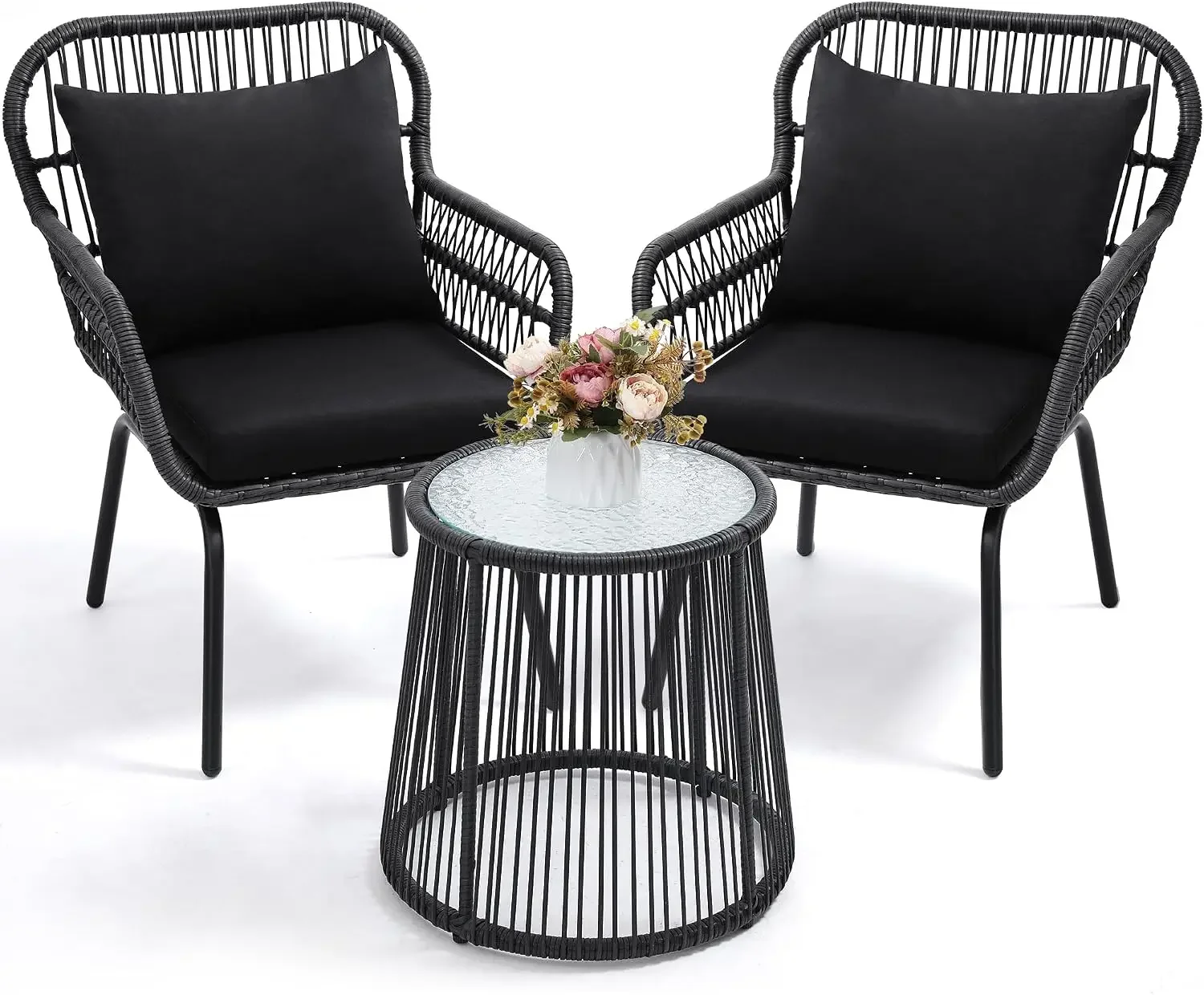 USA Stock3-Piece Rattan Wicker Bistro Set, Patio Conversation Set, Black | All Weather Patio Conversation Set and Side Table, Id