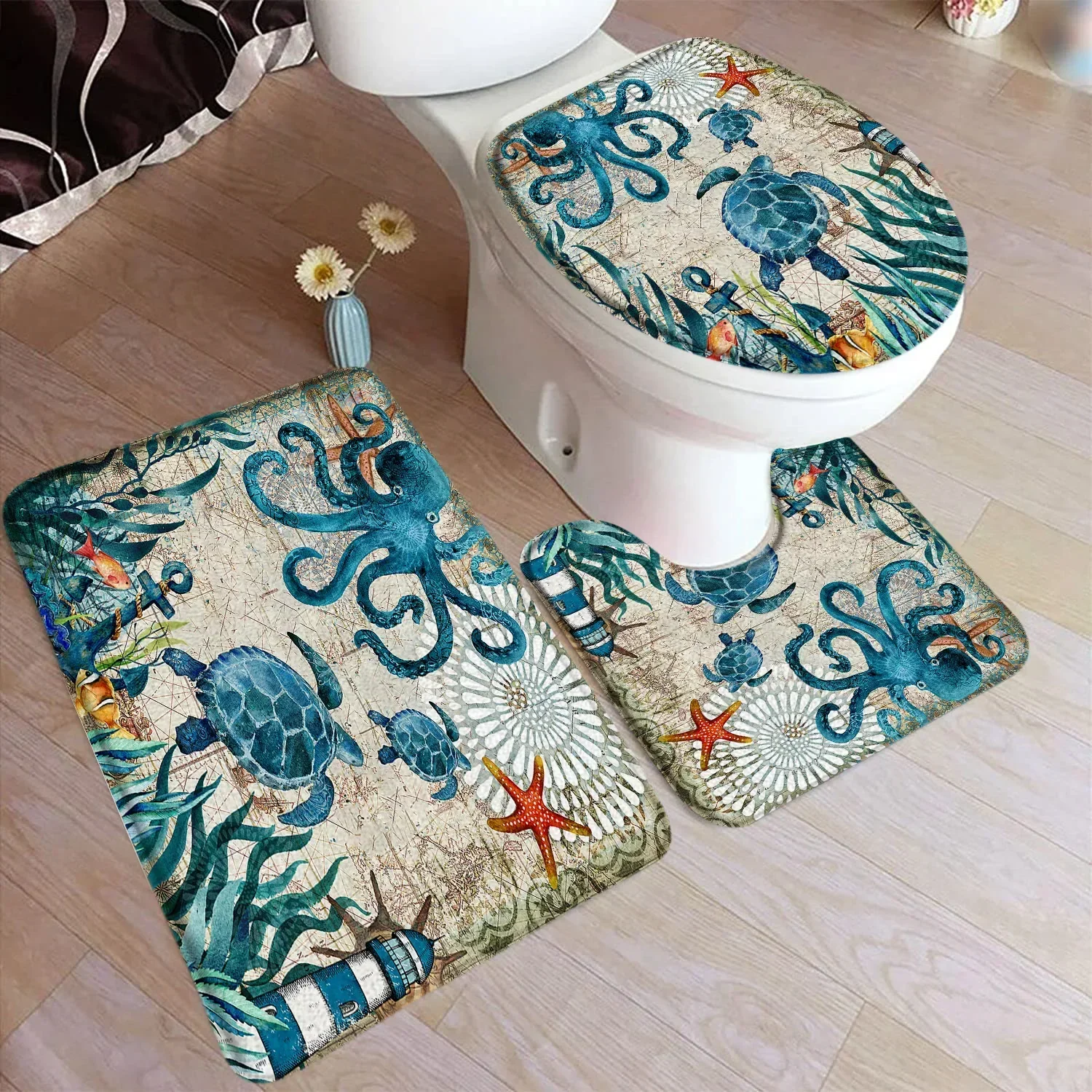 Ocean Octopus Bath Mat Set Sea Turtle Seahorse Vintage Nautical Map Sailboat Home Carpet Bathroom Decor Floor Rugs Toilet Cover