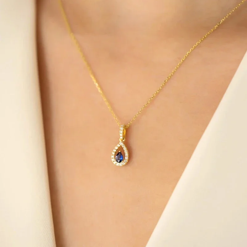 Huitan Goudkleurige Waterdrop Hanger met Blauwe Zirconia Ketting voor Vrouwen Temperament Accessoires Bruiloft Trendy Sieraden