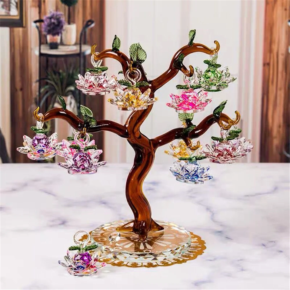 High-end Crystal Glass Lotus Tree with 6/8/10/12/18pcs Lotus Fengshui Craft Home Decor Figurines Christmas Gifts Souvenirs Decor