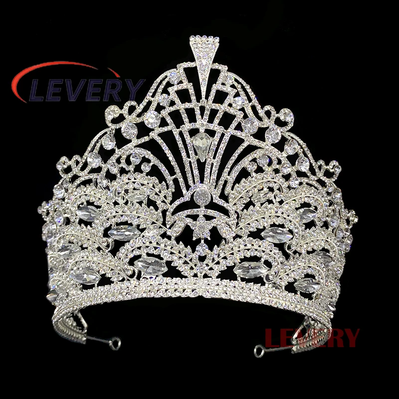 Levery Big Pageant Crown Royal Queen Wedding Crowns Rhinestone Crystal Bridal Headdress Bride Tiara Hair Jewelry Accessory